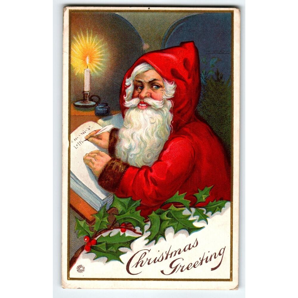 Santa Claus Christmas Postcard Saint Nick Writing Candle Light Stecher 1921